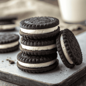 Close-up hero shot of black cocoa sandwich cookies with thick white cream filling and dark matte cookie layers.