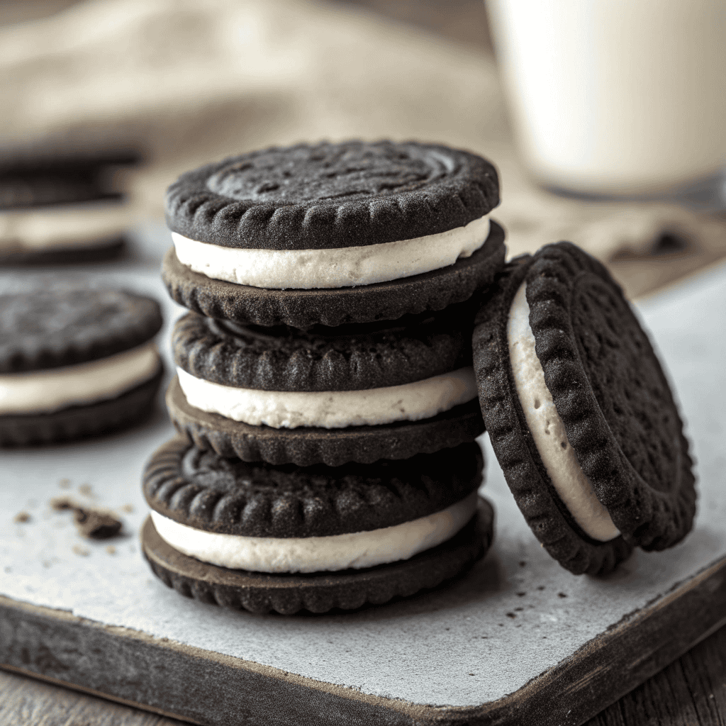 Close-up hero shot of black cocoa sandwich cookies with thick white cream filling and dark matte cookie layers.