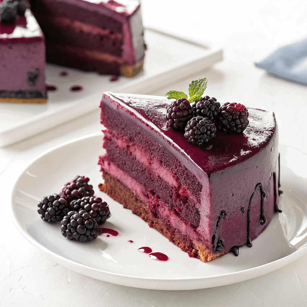 Slice of blackberry velvet cake with glossy glaze and fresh blackberries on a white plate.