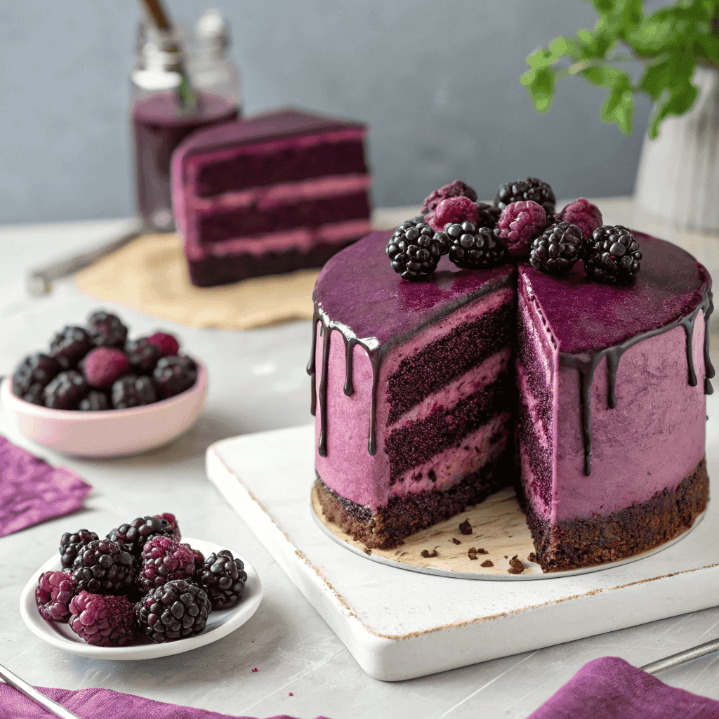 Blackberry velvet cake with dark berry layers, blackberry filling, glossy glaze, and fresh berries.