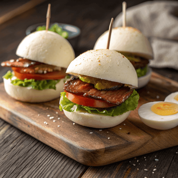 BLT egg sliders made with boiled egg buns, crispy bacon, lettuce, and tomato on a wooden board
