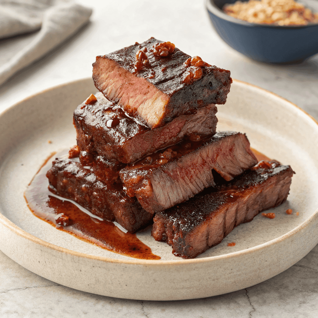 Boneless beef ribs glazed with rich sauce, caramelized and tender, served hot on a plate