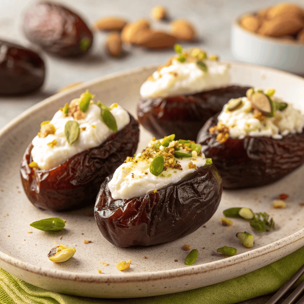 Glossy stuffed dates filled with Boursin cheese and topped with pistachios and herbs