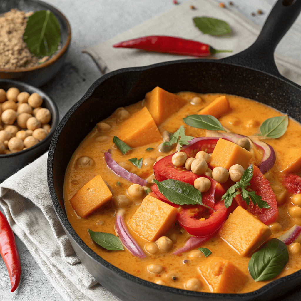 Close-up hero shot of butternut squash chickpea curry in a black pan with creamy orange sauce, red bell peppers, chickpeas, basil leaves, and a gold ladle.