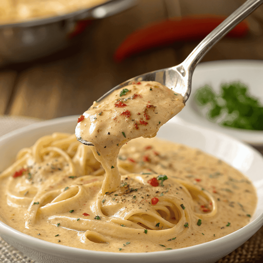 Creamy Cajun Alfredo sauce with visible spice flecks coating a spoon