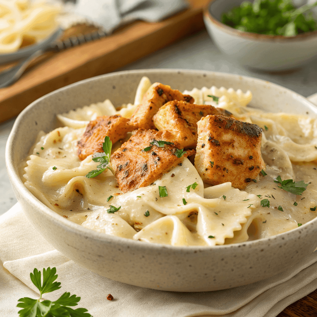 Cajun chicken pieces served over creamy parmesan bowtie pasta with herb garnish.