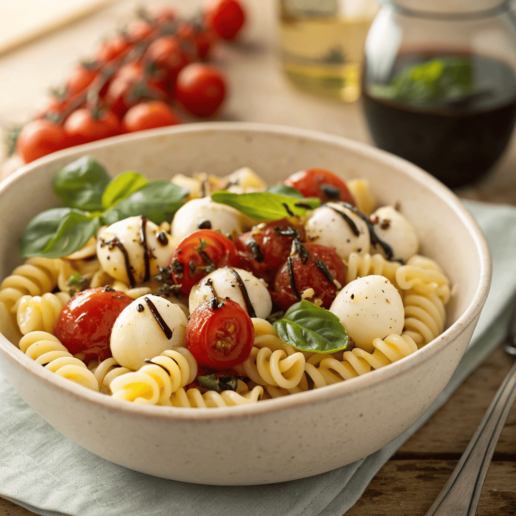 Caprese pasta salad with rotini, mozzarella balls, roasted cherry tomatoes, basil, and balsamic glaze.