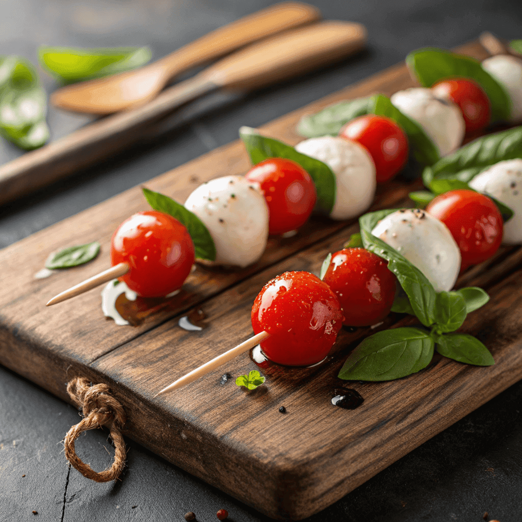 Hero shot of caprese salad skewers with cherry tomatoes, mozzarella, basil, and balsamic drizzle on a wooden board.