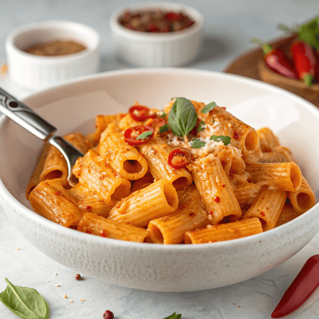 Bowl of Carbone-style spicy rigatoni coated in creamy orange sauce with basil and chili flakes