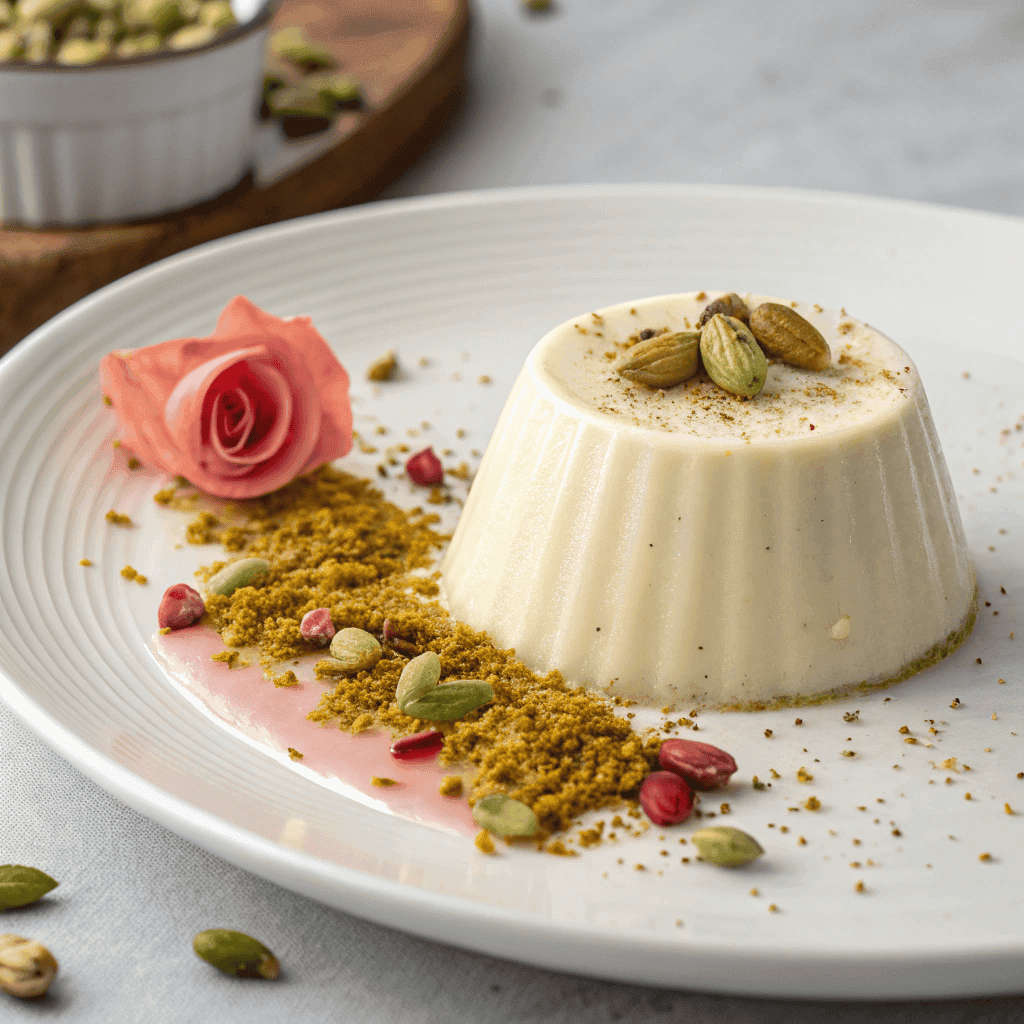 Cardamom panna cotta with pistachios, toasted crumbs, and rosebuds on a white plate