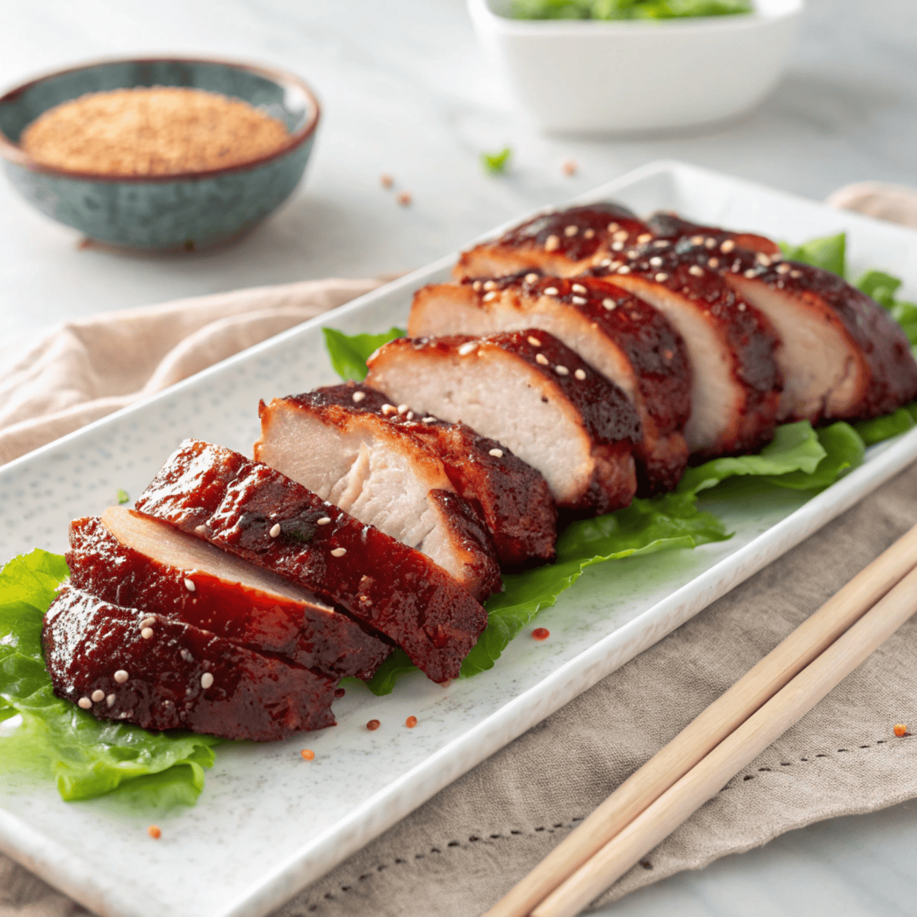 Char siu chicken sliced and glazed with sticky red barbecue sauce on a platter.