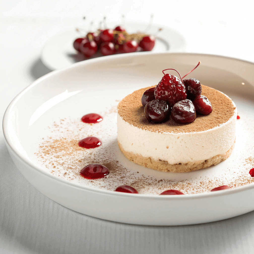 Whole cherry amaretto tiramisu with cocoa-dusted mascarpone and cherry topping in a round dish.