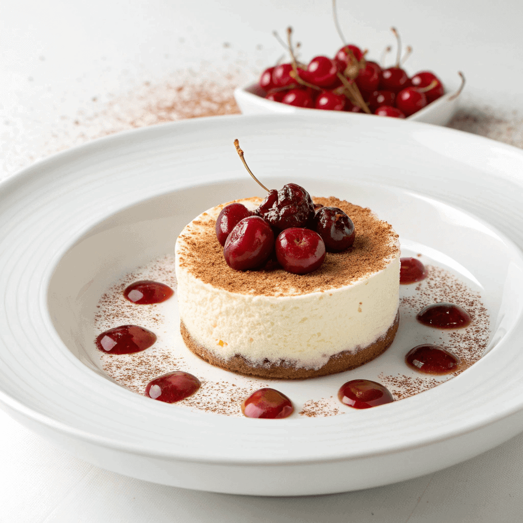 Cherry amaretto tiramisu with smooth mascarpone, cocoa dusting, and cherries served in a white dish.