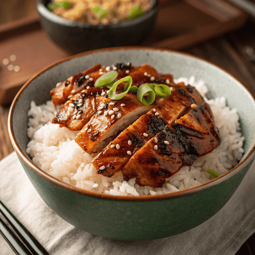 Hero shot of chicken bulgogi with glossy caramelized glaze, char marks, sesame seeds, and green onions over rice.