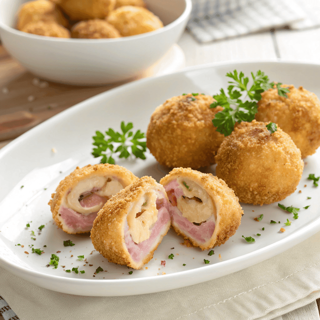 Chicken cordon bleu bites served on a white plate with melted cheese and ham filling.