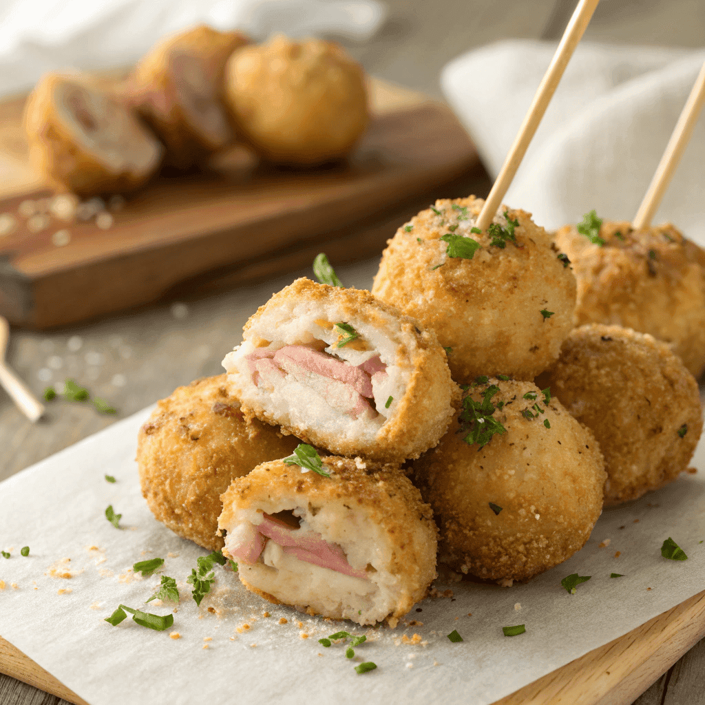 Close-up hero image of crispy chicken cordon bleu bites with melted Swiss cheese and ham filling.