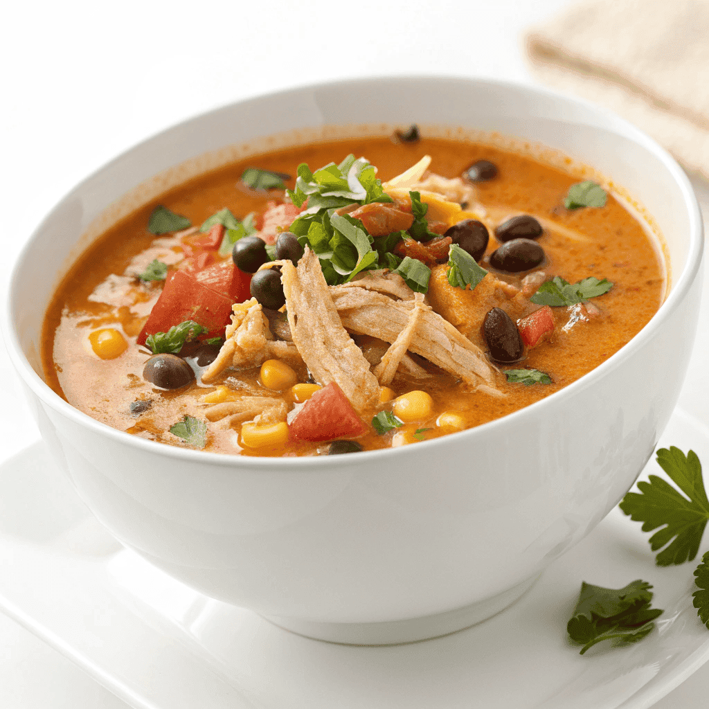 Chicken enchilada soup served in a white bowl with shredded chicken, beans, corn, and creamy broth.