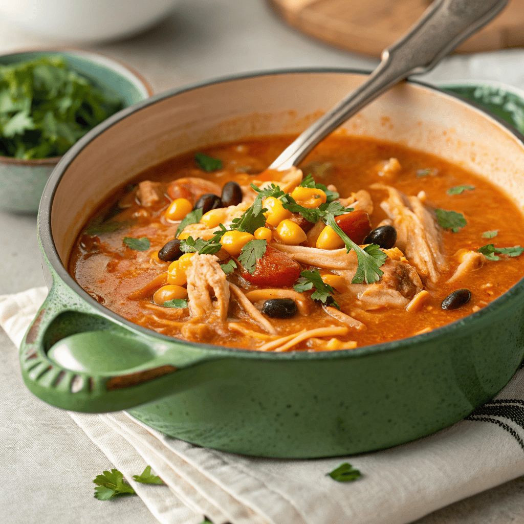 Chicken enchilada soup with shredded chicken, black beans, corn, and creamy orange broth in a Dutch oven.