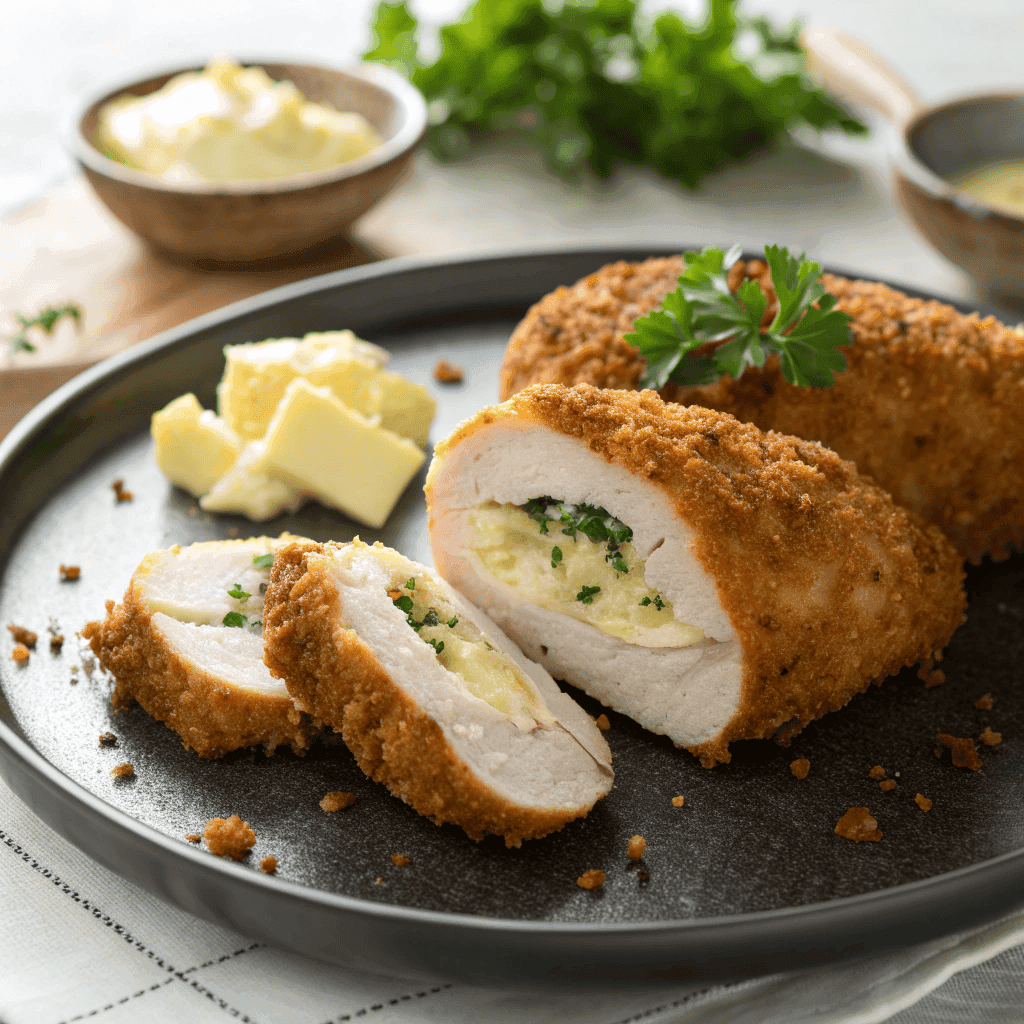 Chicken Kiev served on a plate with crispy crust and garlic butter filling.
