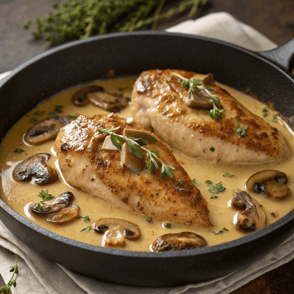 Chicken Madeira with creamy sauce, mushrooms, and melted cheese garnished with fresh thyme