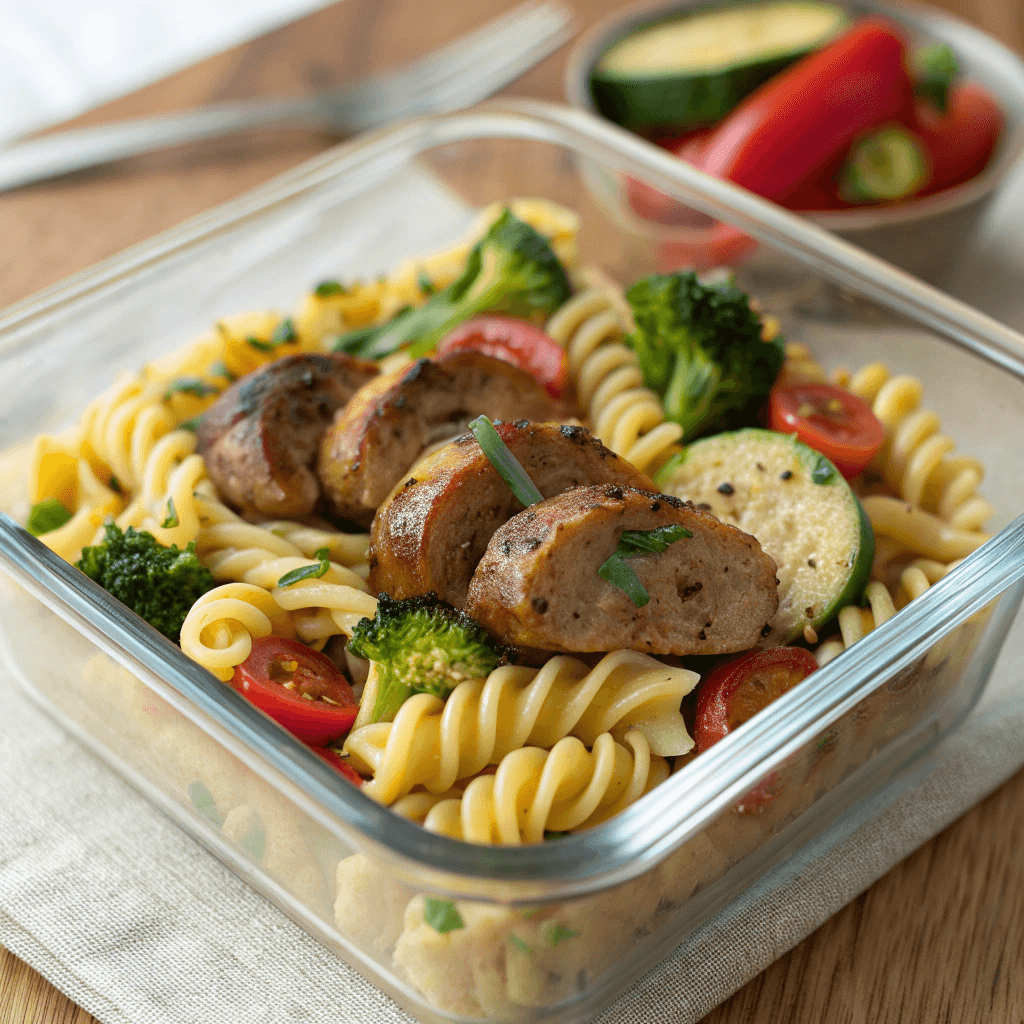 Chicken sausage pasta with fusilli, broccoli, zucchini, and peppers in a glass container
