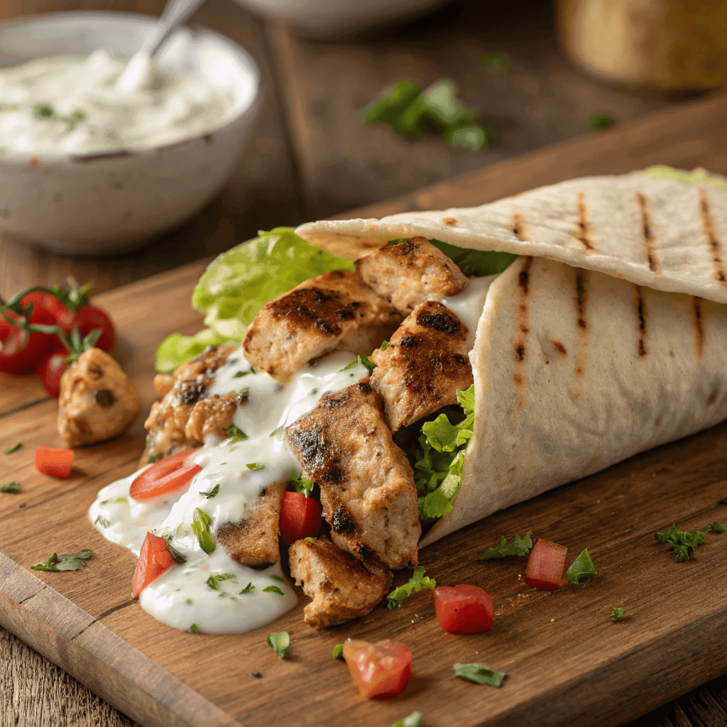 Chicken shawarma wrap with creamy garlic sauce dripping over grilled chicken