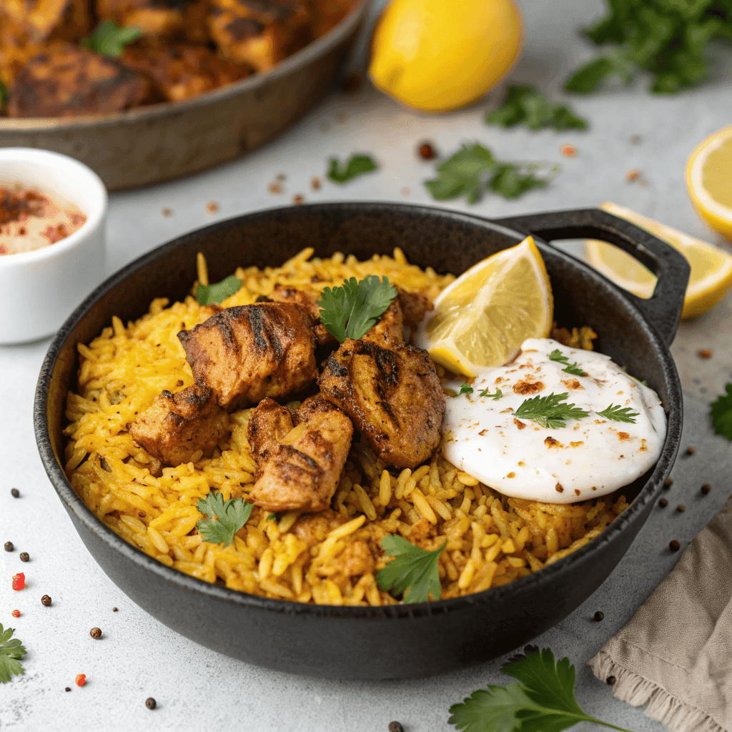Chicken shawarma rice with spiced golden rice, charred chicken, lemon wedges, and yogurt sauce in a cast-iron skillet.