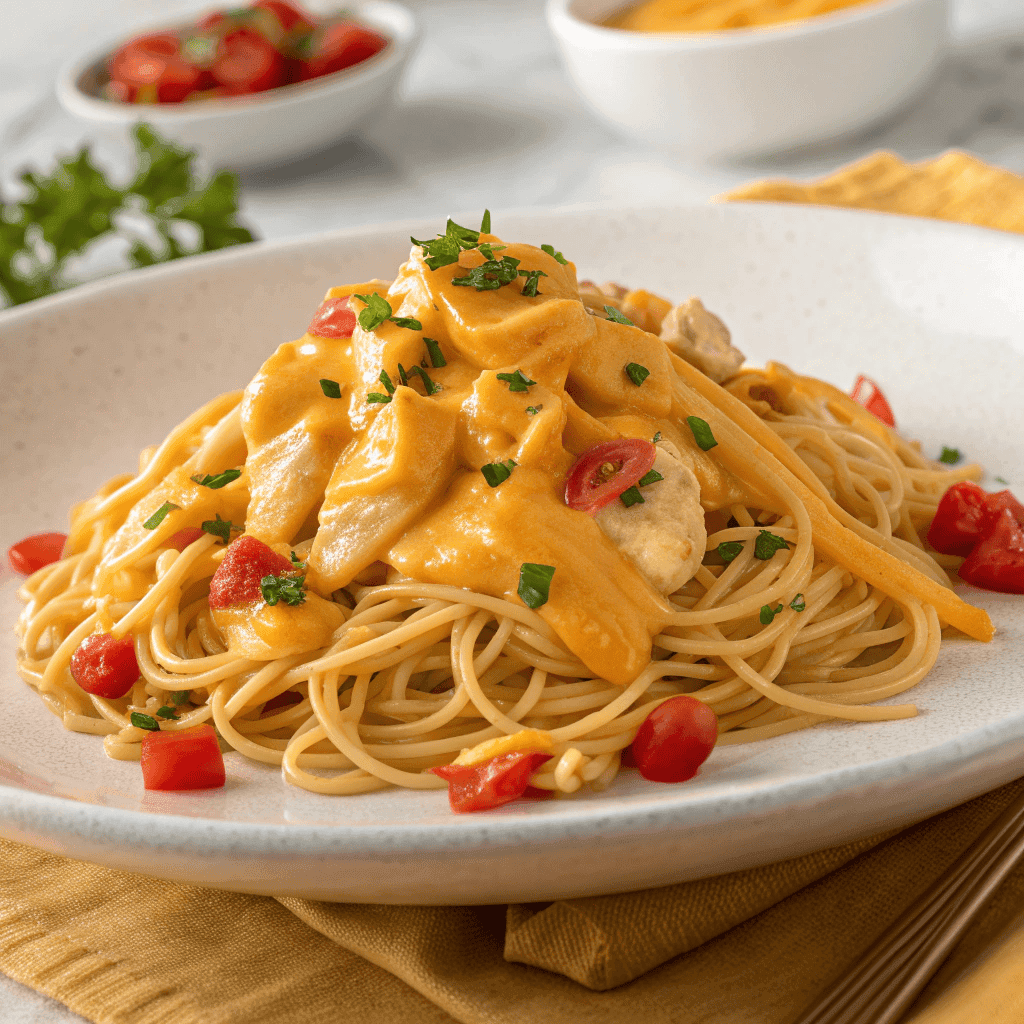 Chicken spaghetti with Velveeta cheese sauce, shredded chicken, and diced tomatoes served creamy on a white plate