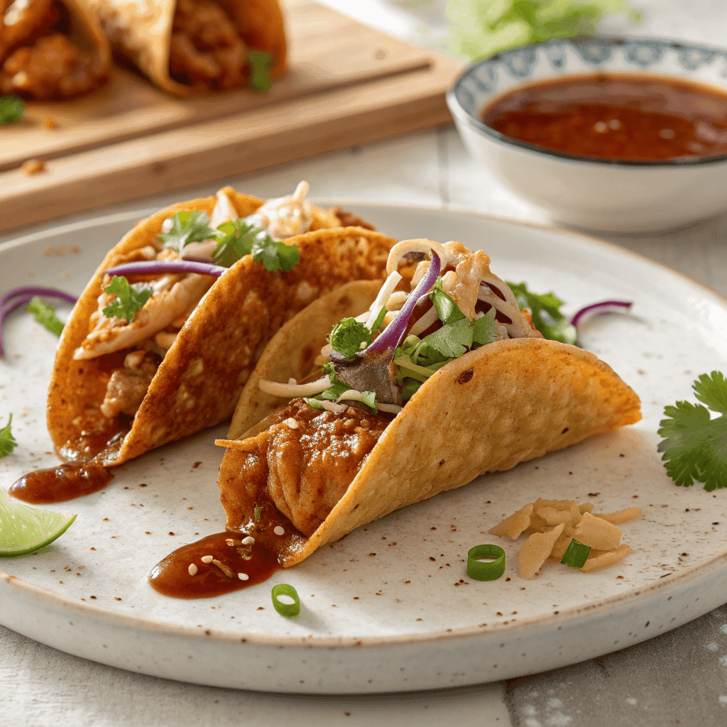 Hero shot of chicken wonton tacos with crispy shells, shredded chicken, cabbage slaw, sesame seeds, and sweet chili sauce on a white plate.