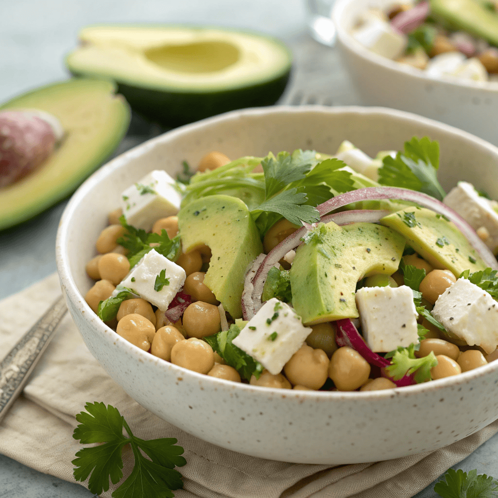 Chickpea feta avocado salad with red onion, herbs, and lemon dressing in white bowl.