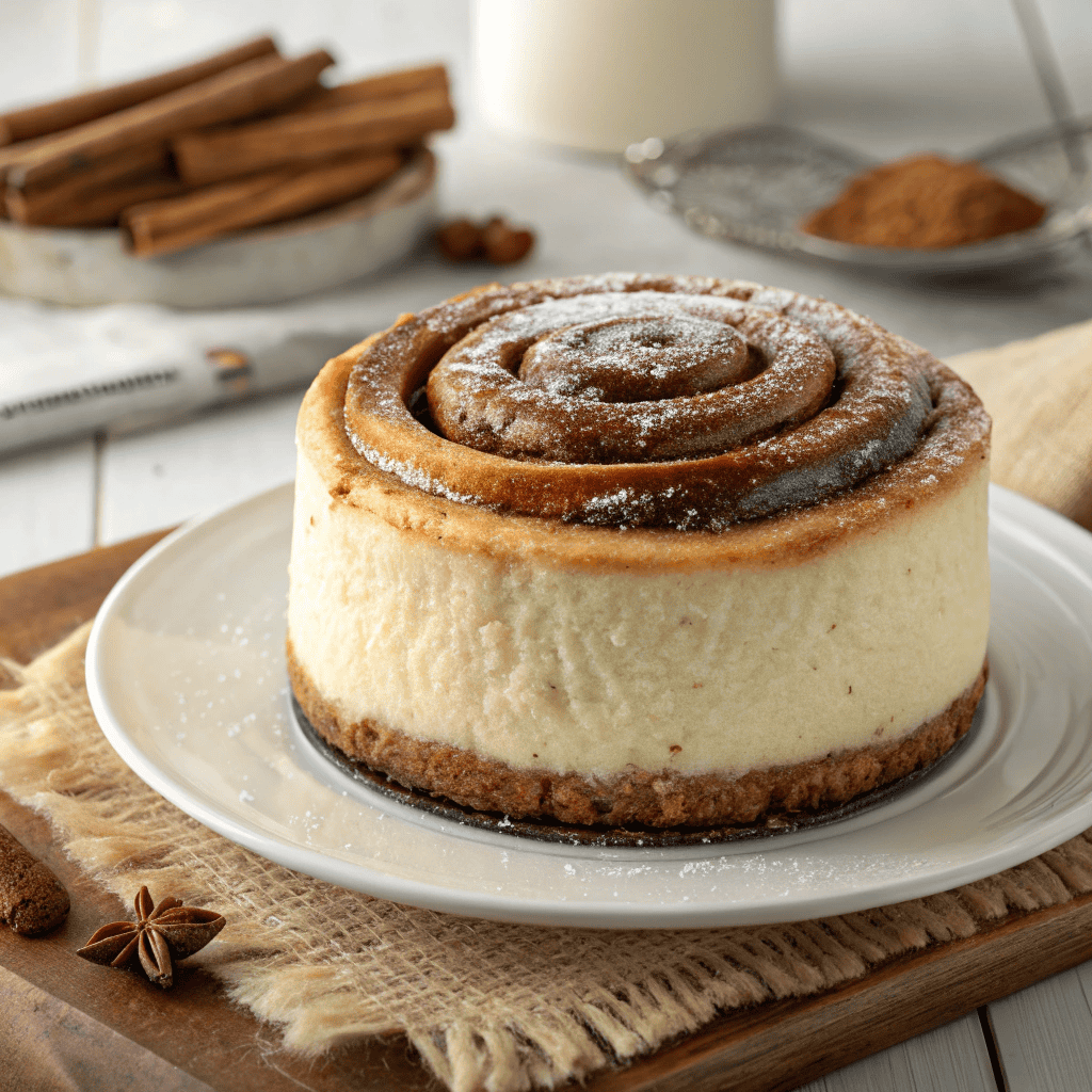 Cinnamon roll honeybun cheesecake with creamy filling, cinnamon swirl, and powdered sugar topping