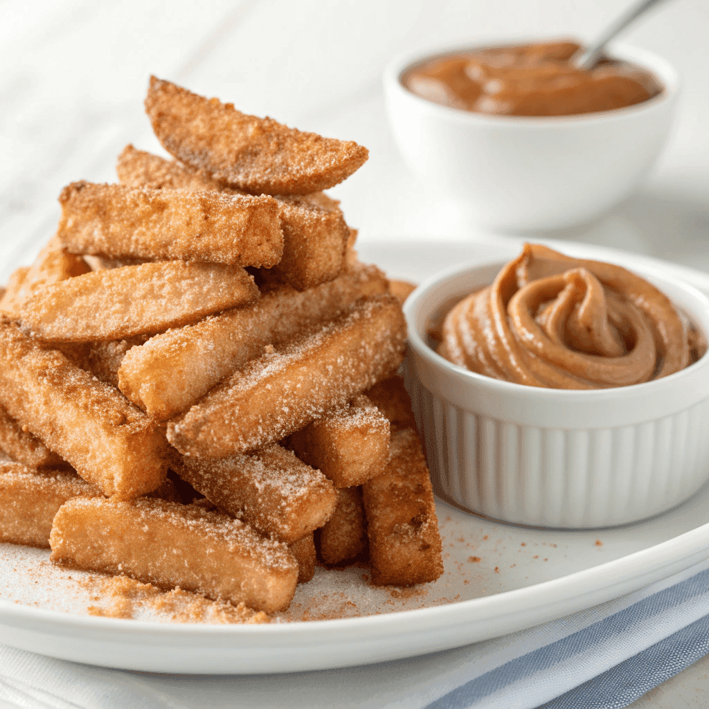 Golden cinnamon sugar apple fries served with caramel dipping sauce on a white plate