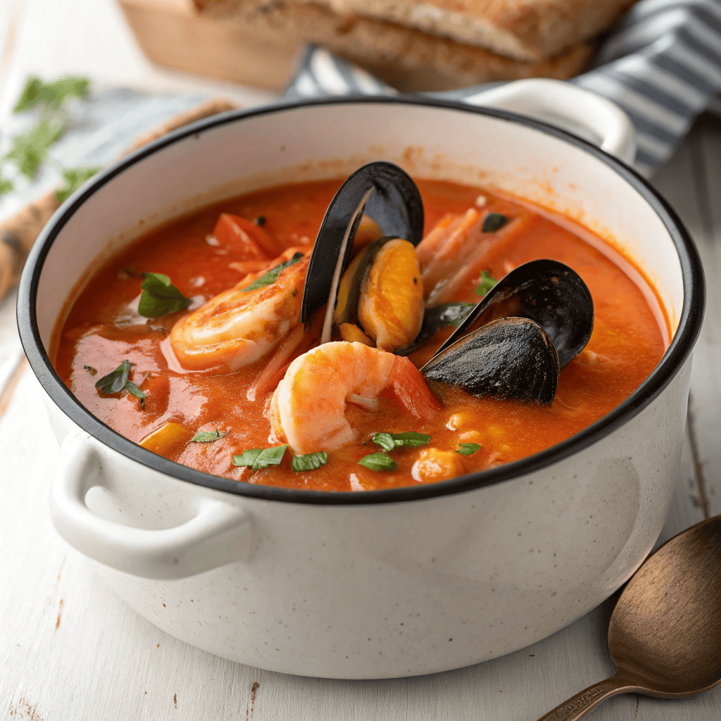 Cioppino seafood soup with mussels, shrimp, carrots, and tomato broth garnished with parsley