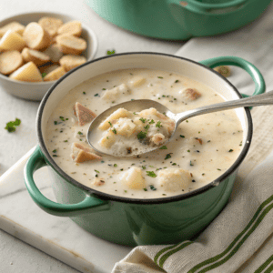 Creamy clam chowder with potatoes and herbs served in a green pot without bacon