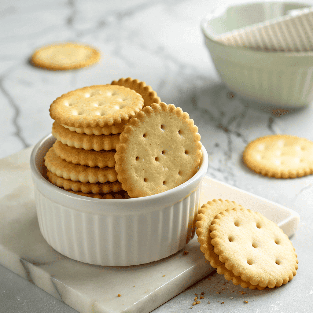 Golden round butter crackers with scalloped edges stacked in a white bowl in a clean hero food photograph.