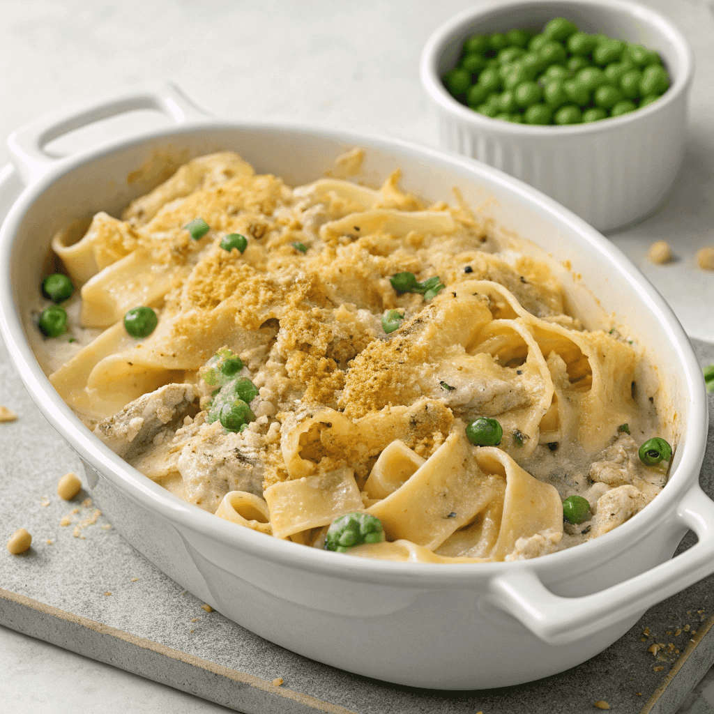 Tuna casserole with egg noodles, creamy sauce, green peas, and a golden breadcrumb topping in a baking dish