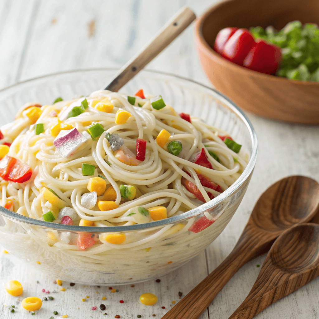 Creamy confetti salad with spaghetti noodles, corn, peppers, celery, and red onion in glass bowl.