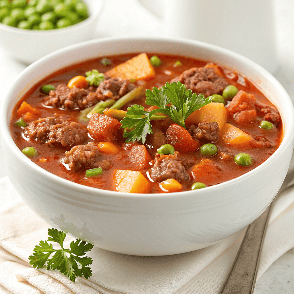 Best Cowboy Stew Soup with Beef, Beans, and Potatoes 1 Cowboy stew soup in a white bowl showing sausage, potatoes, carrots, peas, and beans in a thick tomato broth.