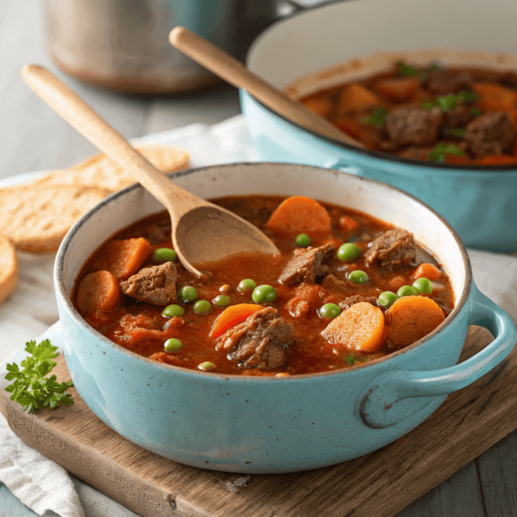 Hearty cowboy stew soup with sausage, potatoes, carrots, peas, and beans in a thick tomato broth served in a rustic Dutch oven.