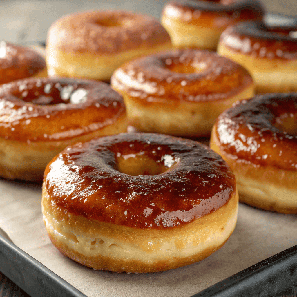 Crème brûlée donuts with glossy caramelized sugar crust on top