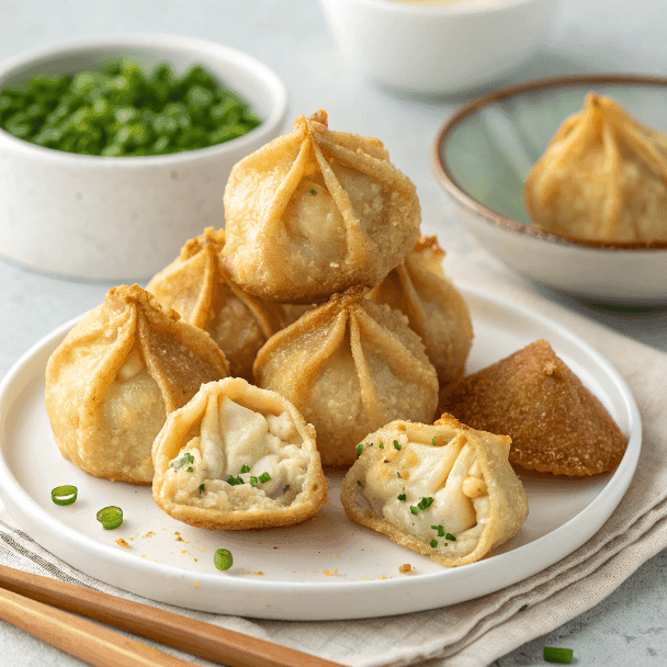 Golden fried crab rangoon bombs with creamy crab filling on a white plate