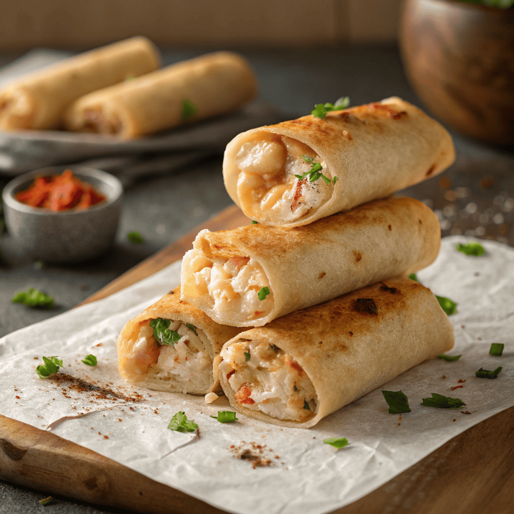 Crispy crab and shrimp queso rolls stacked with melted cheese filling