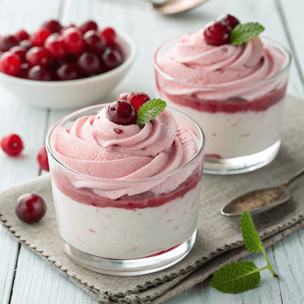 Best Creamy Cranberry Mousse Cups : easy to make ahead for holidays! 2 Full view of cranberry mousse cup in clear glass showing white base layer, pink mousse swirl, cranberries, and mint.