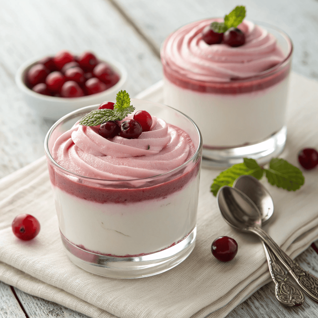 Best Creamy Cranberry Mousse Cups : easy to make ahead for holidays! 3 Hero shot of cranberry mousse cups in glass with white cream layer, pink mousse swirl, sugared cranberries, and mint garnish.