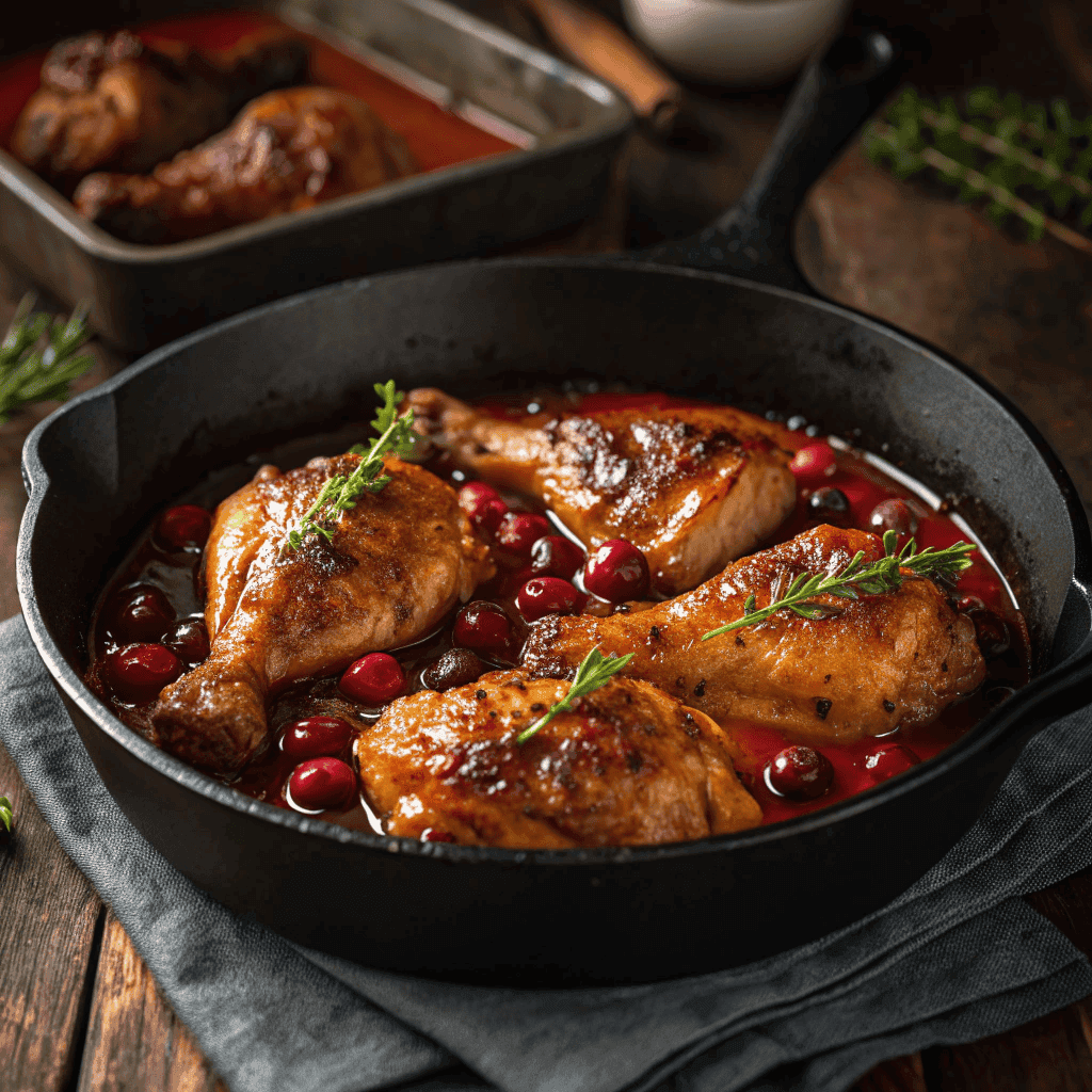 Cranberry orange glazed chicken thighs cooked in a cast iron skillet