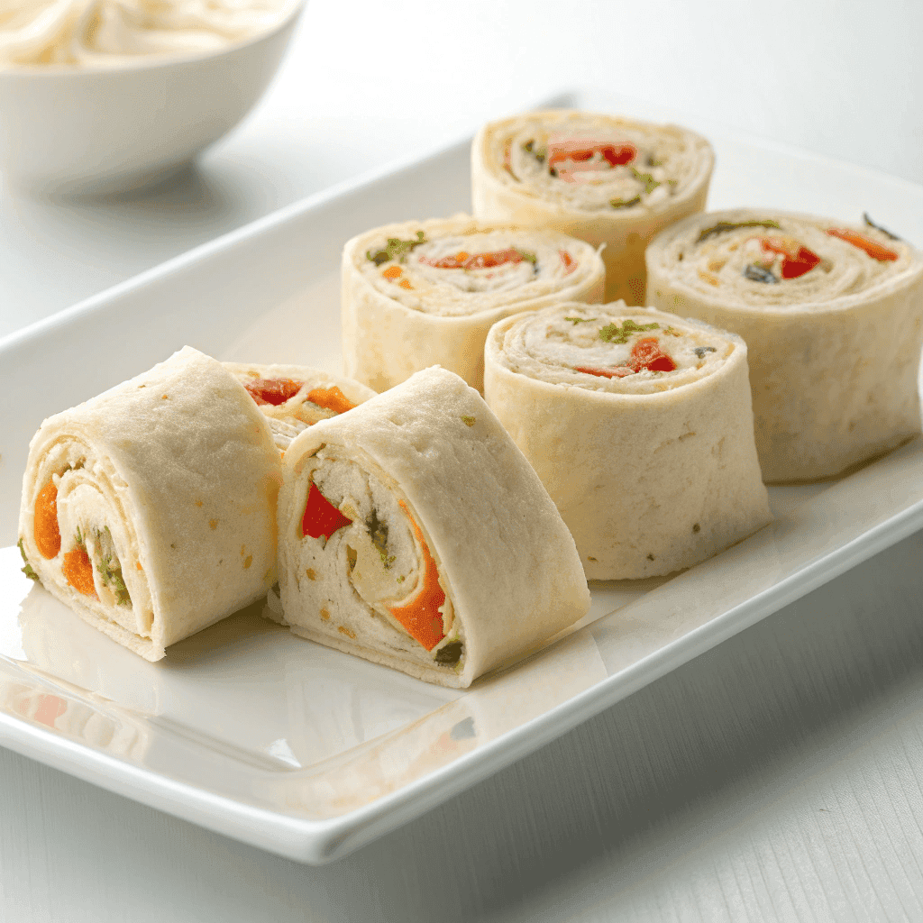 Cream cheese tortilla pinwheel bites filled with colorful peppers and herbs arranged on a white plate.