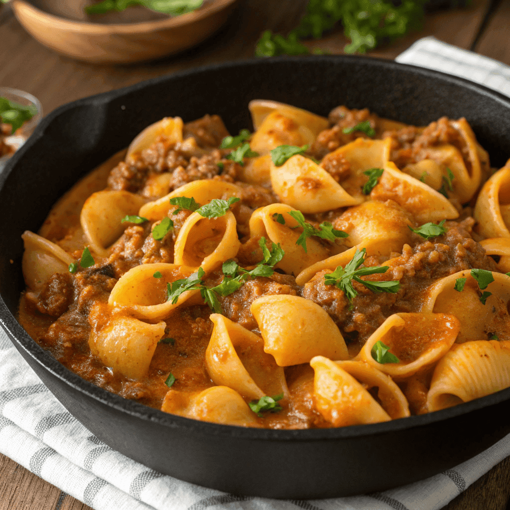 Creamy Beef and Shells – Easy One-Pot Pasta Dinner 4 Ultra-realistic hero shot of creamy beef and shells in a skillet with parsley garnish.