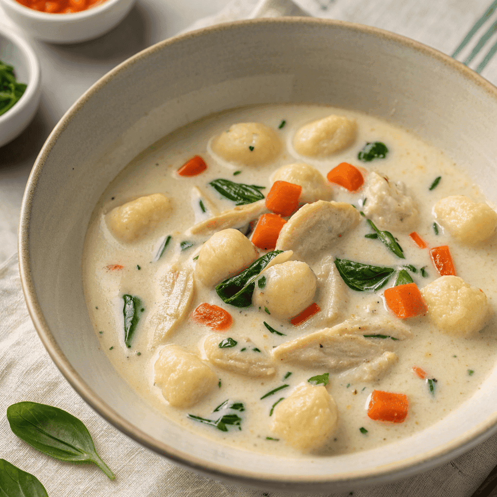 Olive Garden chicken gnocchi soup with creamy broth, shredded chicken, potato gnocchi, spinach, and carrots