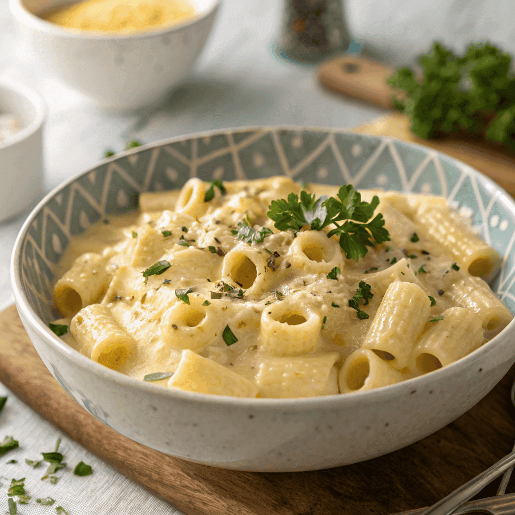 Creamy ditalini pasta coated in thick cheese sauce with parsley garnish