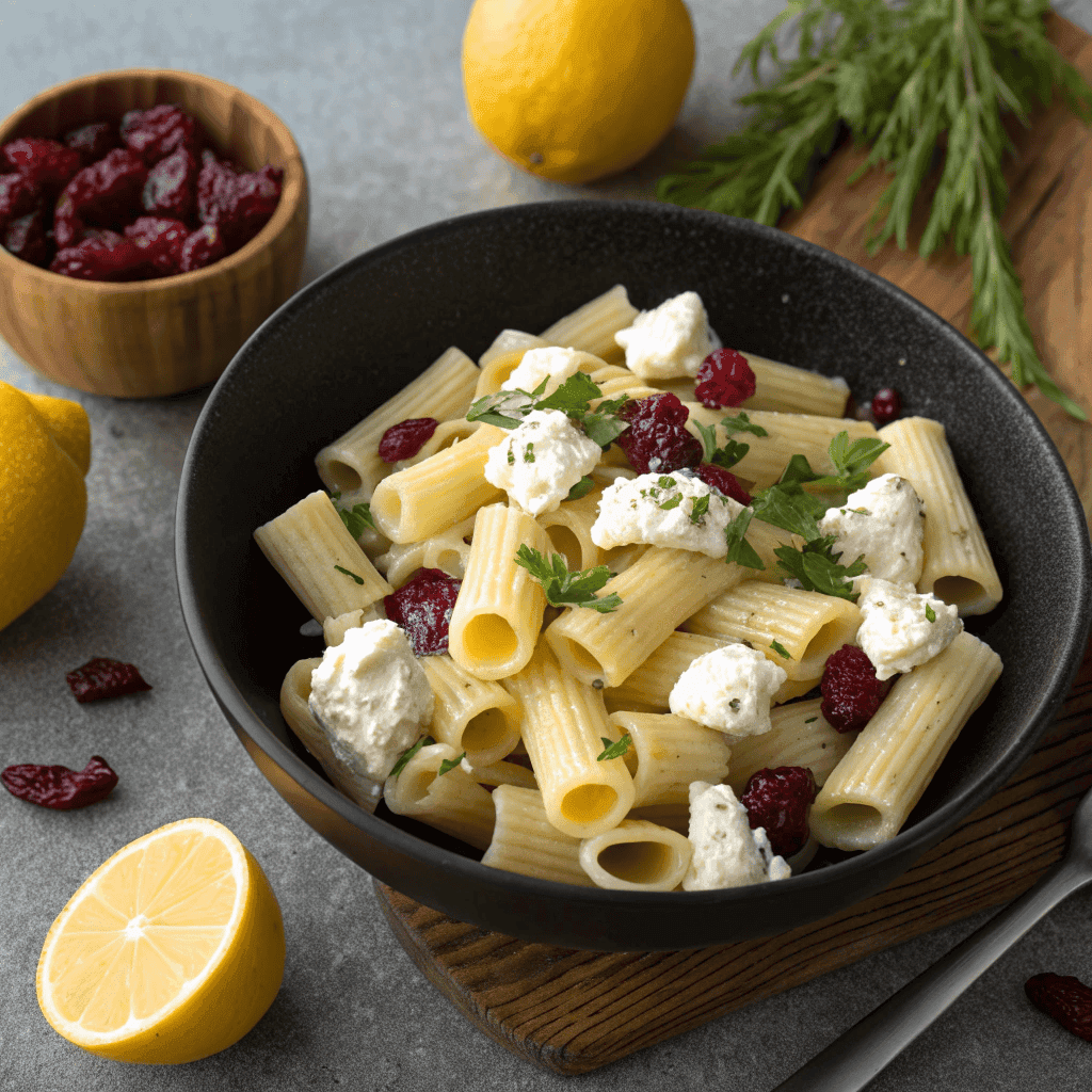 Rigatoni salad with feta cheese, cranberries, thyme, and lemon served in a black bowl